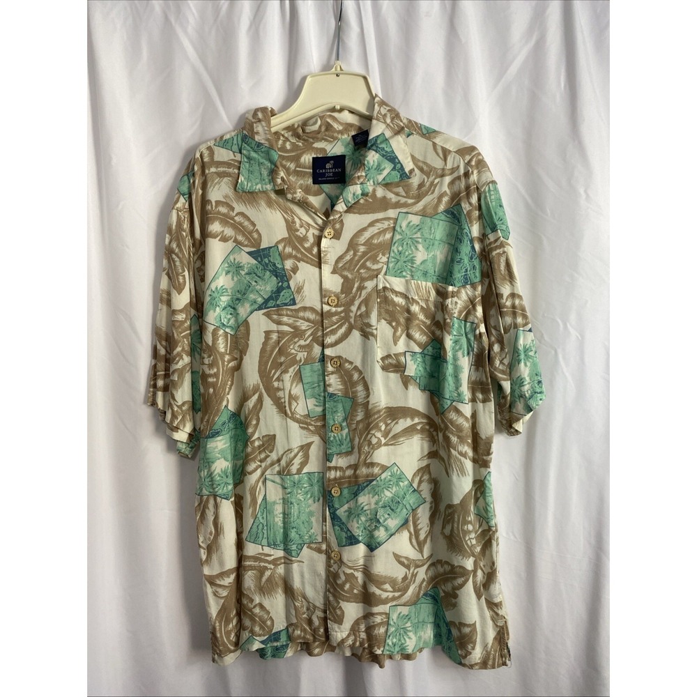 Caribbean Joe Mens XL Tropical Palm Tree Rayon Button Down Shirt Green Tan Aloha